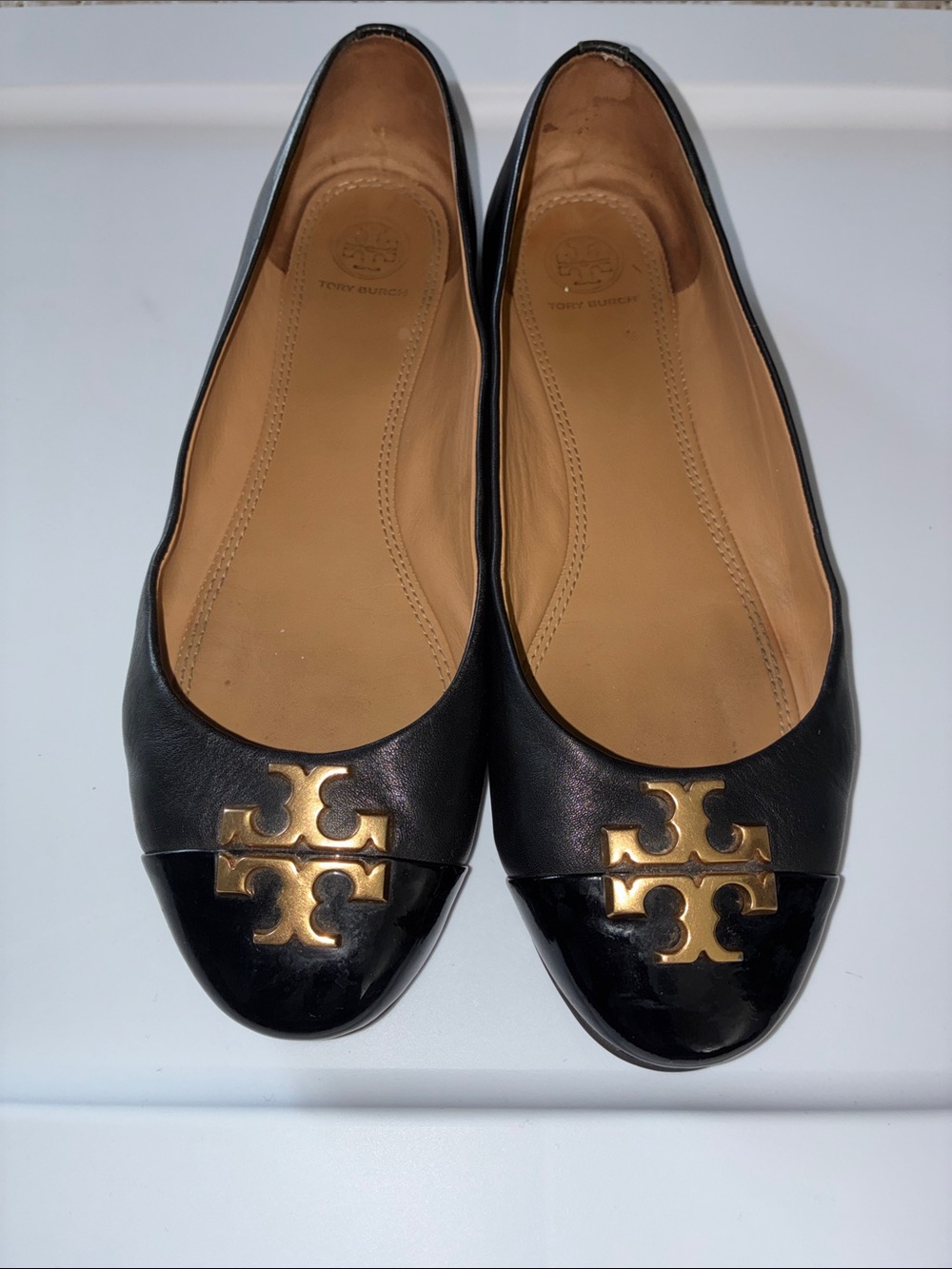 Tory Burch Black Leather Gold Logo Cap-Toe Flats